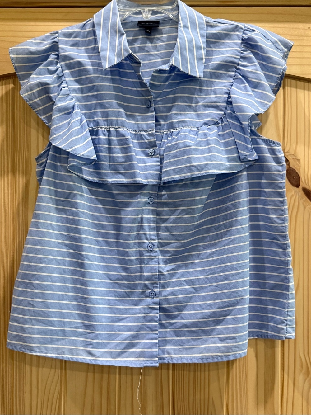 Who What Wear Blue & White Striped Collared Button Top